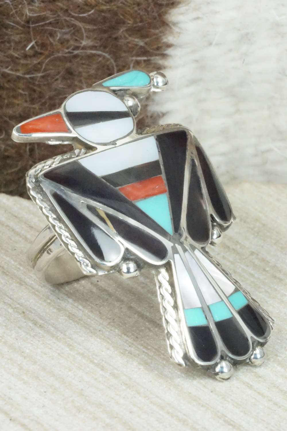 Multi Stone & Sterling Silver Inlay Ring - Delgar Cellicion - Size 8