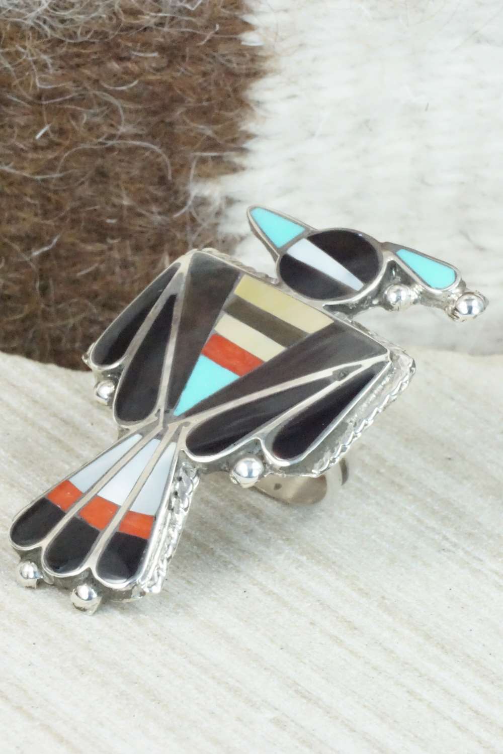 Multi Stone & Sterling Silver Inlay Ring - Delgar Cellicion - Size 5.5