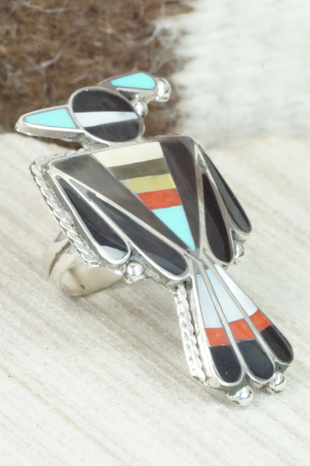 Multi Stone & Sterling Silver Inlay Ring - Delgar Cellicion - Size 5.5