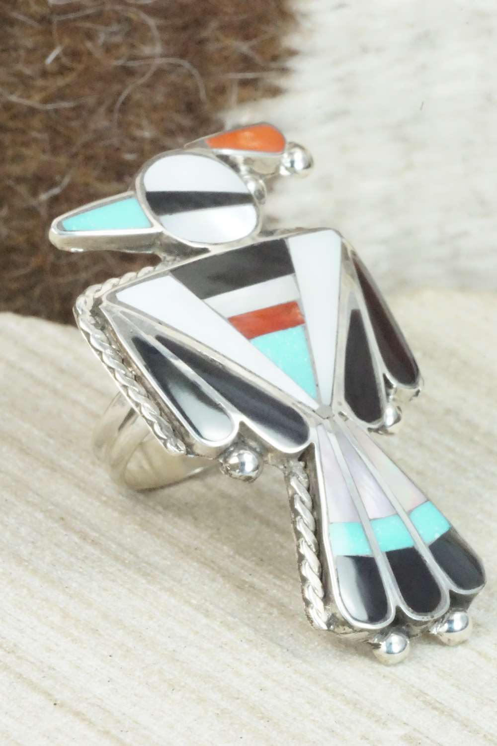 Multi Stone & Sterling Silver Inlay Ring - Delgar Cellicion - Size 6.5