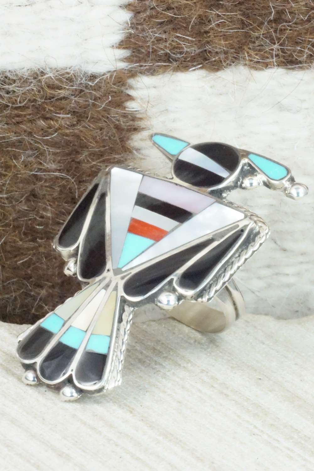 Multi Stone & Sterling Silver Inlay Ring - Delgar Cellicion - Size 8