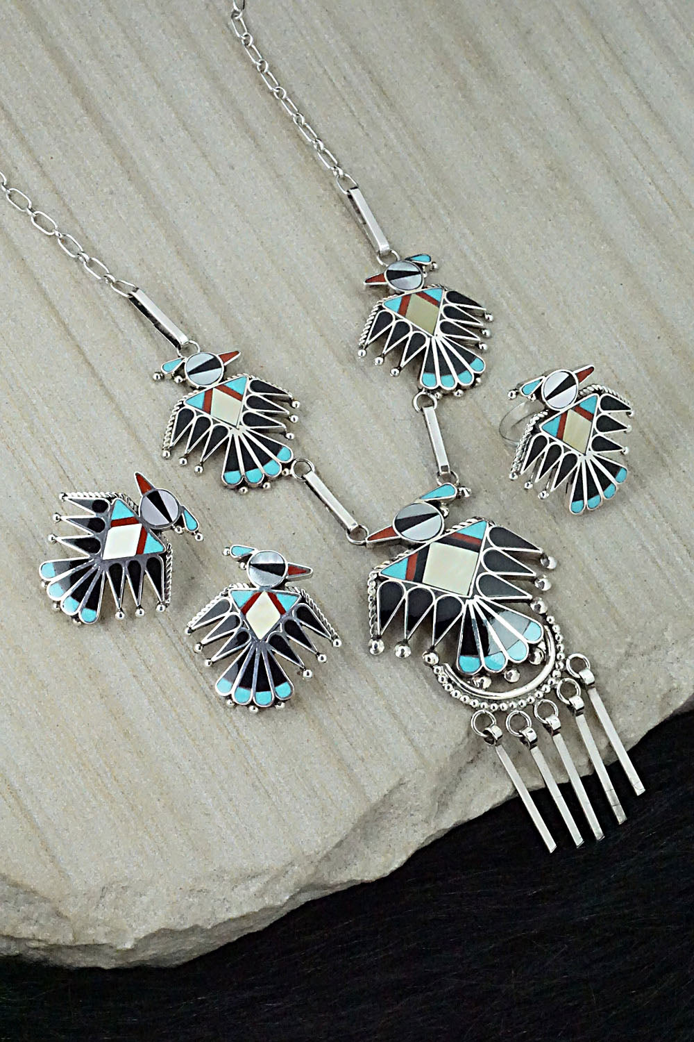 Multi Stone & Sterling Silver Inlay Necklace Set - Adrian Wallace