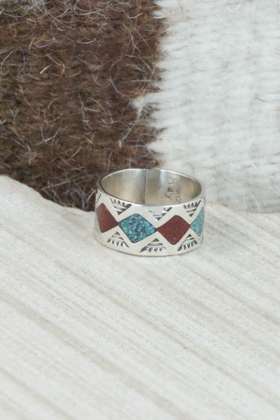 Turquoise & Coral Inlay Sterling Silver Ring - Raymond Begay - Size 6.5