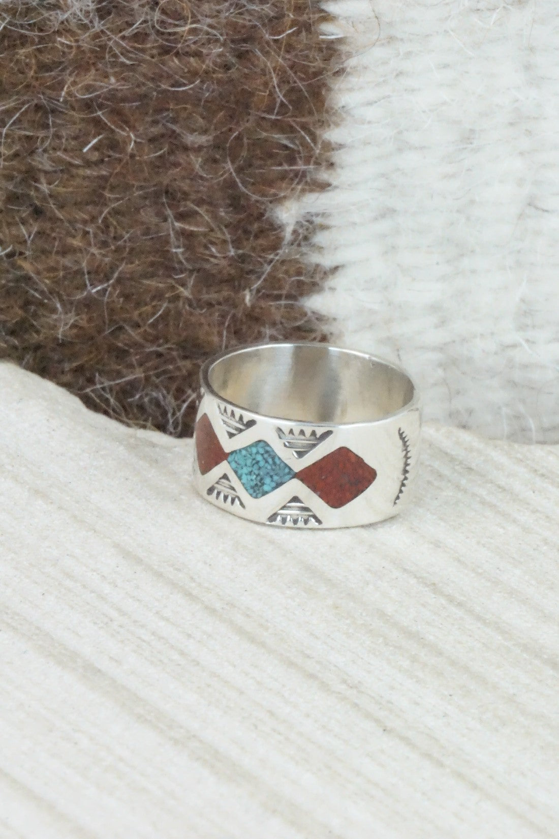 Turquoise & Coral Inlay Sterling Silver Ring - Raymond Begay - Size 6.5