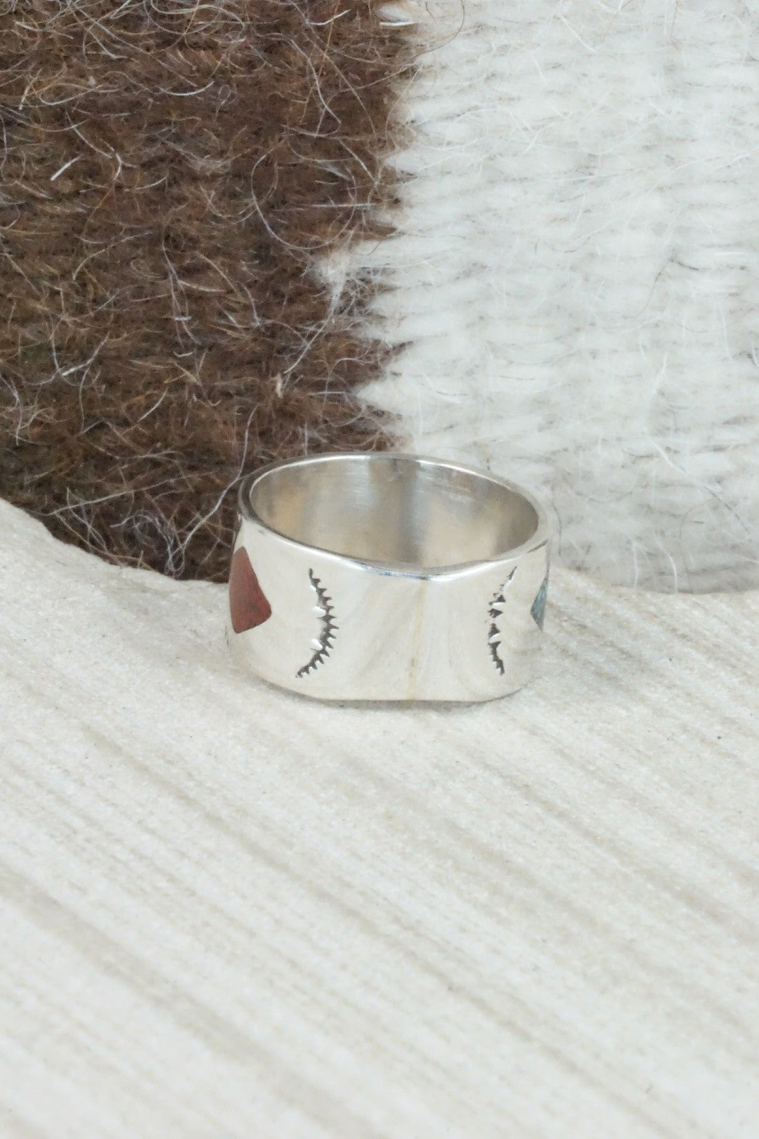 Turquoise & Coral Inlay Sterling Silver Ring - Raymond Begay - Size 6.5