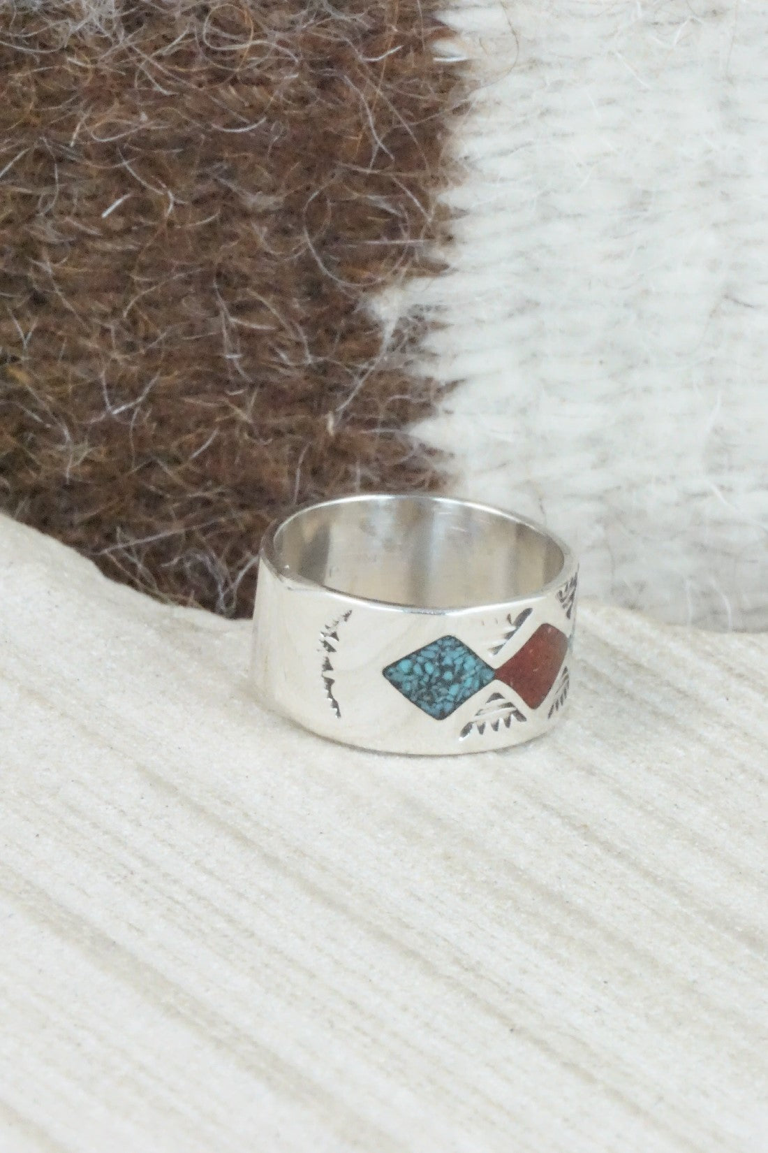Turquoise & Coral Inlay Sterling Silver Ring - Raymond Begay - Size 6.5