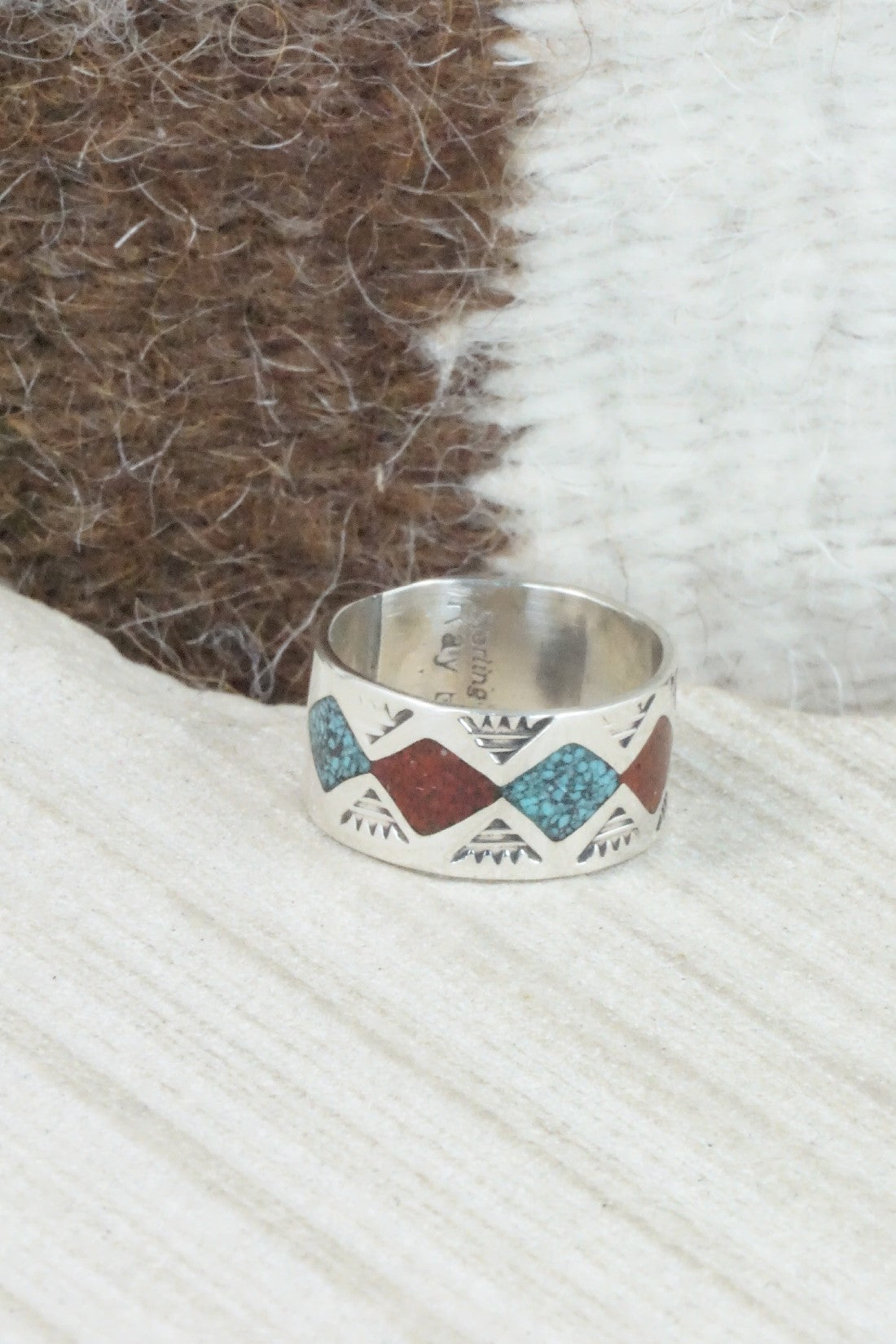 Turquoise & Coral Inlay Sterling Silver Ring - Raymond Begay - Size 6.5