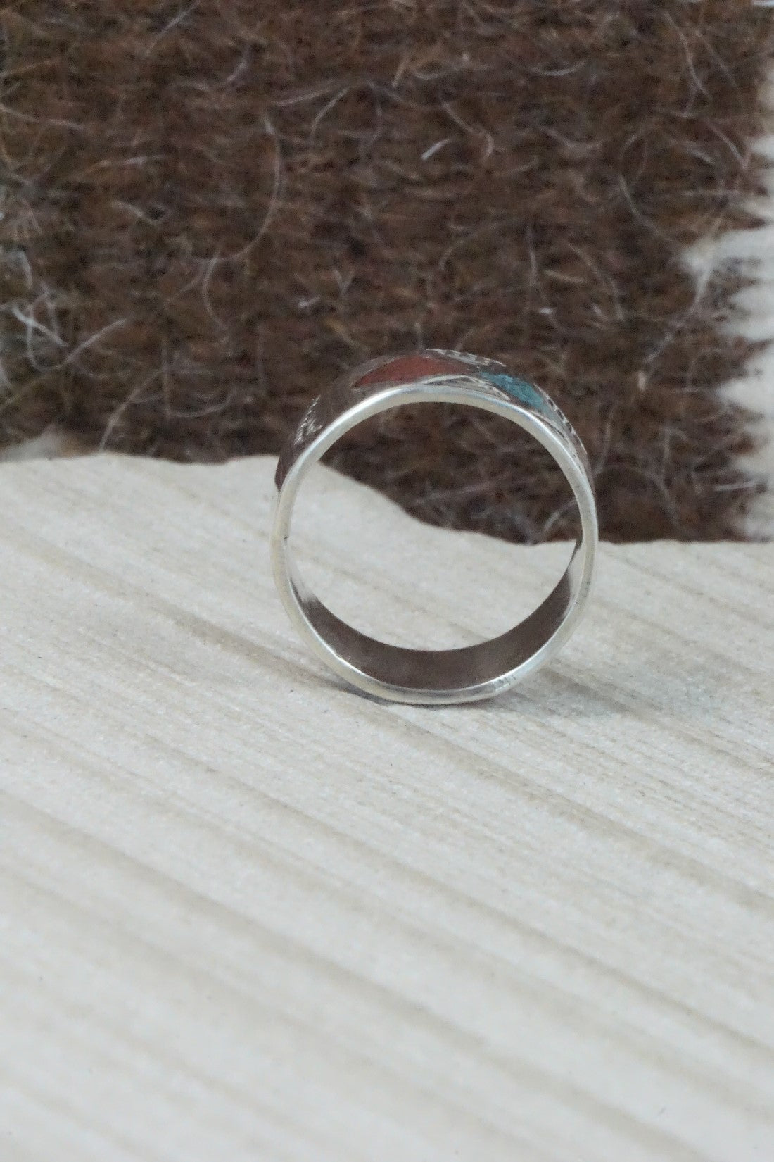 Turquoise & Coral Inlay Sterling Silver Ring - Raymond Begay - Size 6.5