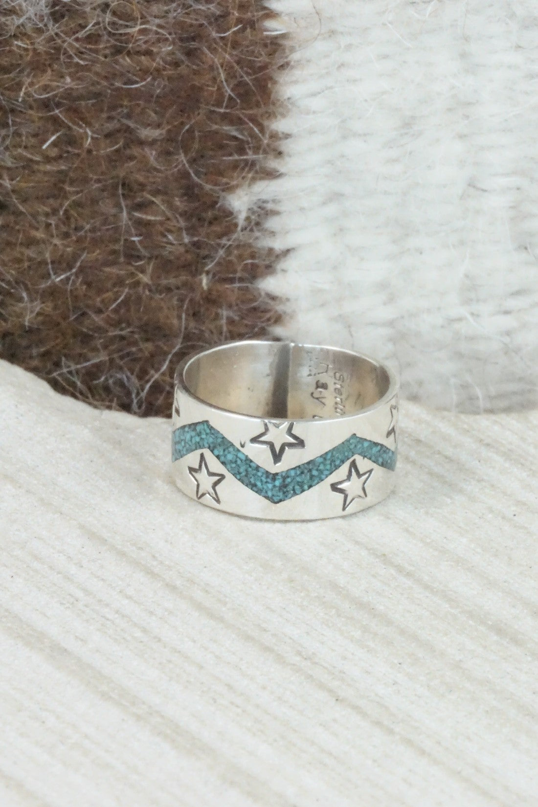 Turquoise Chip Inlay Sterling Silver Ring - Raymond Begay - Size 9.25