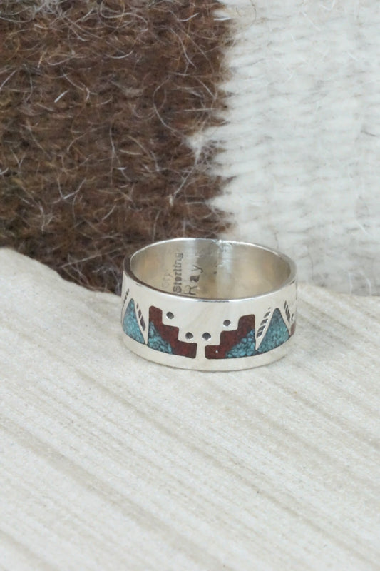 Turquoise & Coral Inlay Sterling Silver Ring - Raymond Begay - Size 9