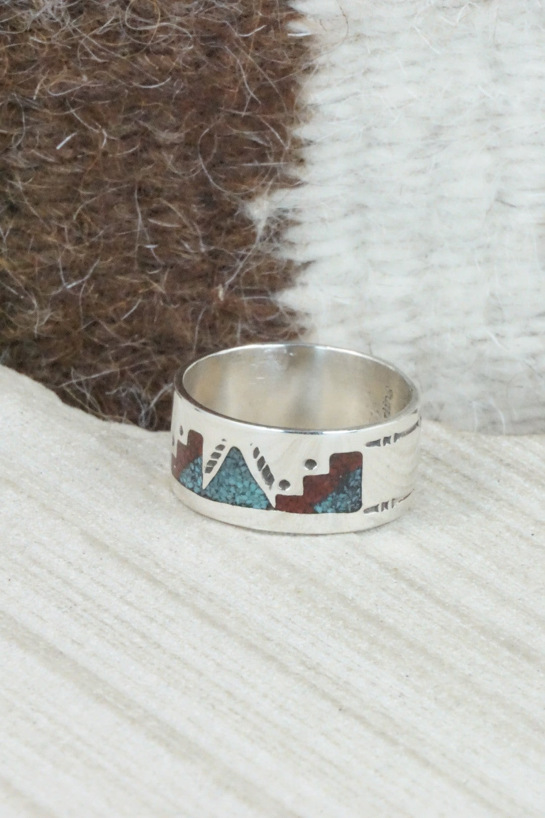 Turquoise & Coral Inlay Sterling Silver Ring - Raymond Begay - Size 9