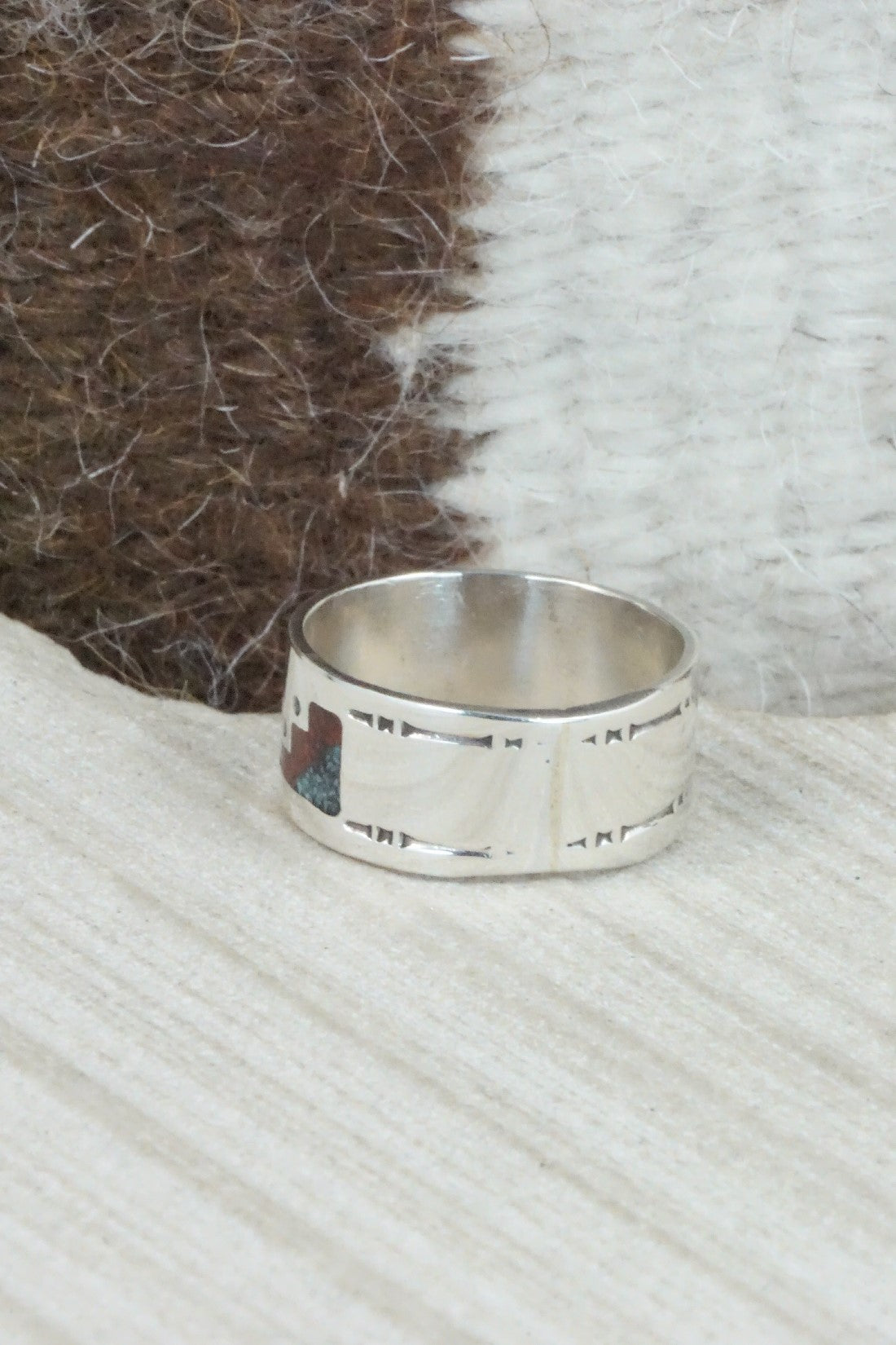 Turquoise & Coral Inlay Sterling Silver Ring - Raymond Begay - Size 9