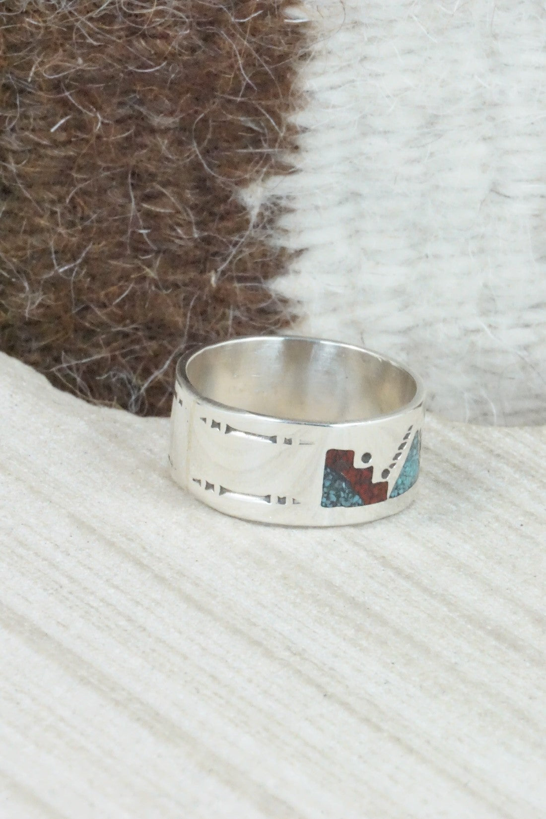 Turquoise & Coral Inlay Sterling Silver Ring - Raymond Begay - Size 9