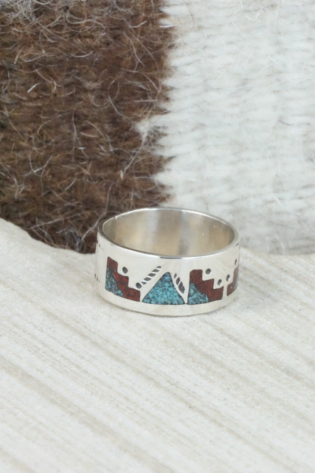 Turquoise & Coral Inlay Sterling Silver Ring - Raymond Begay - Size 9