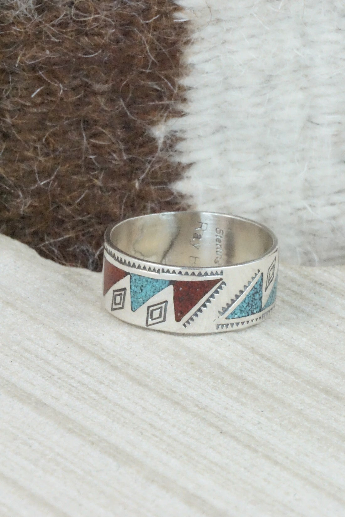 Turquoise & Coral Inlay Sterling Silver Ring - Raymond Begay - Size 12