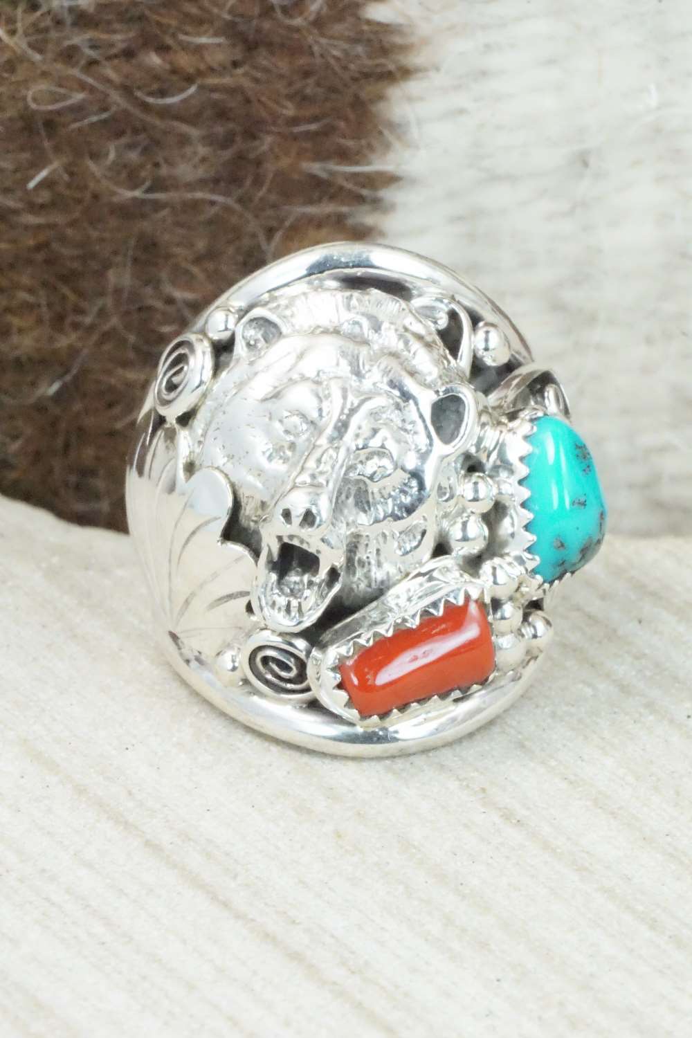 Turquoise, Coral and Sterling Silver Ring - Jeanette Saunders - Size 10