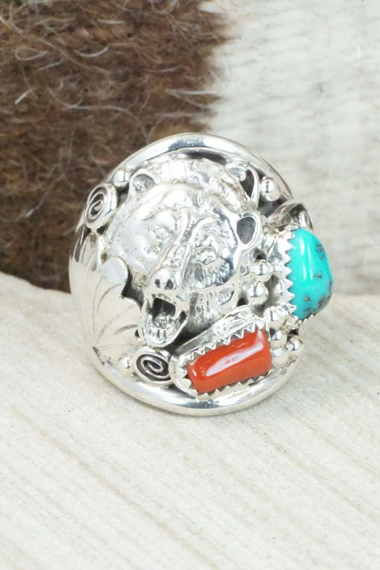 Turquoise, Coral and Sterling Silver Ring - Jeanette Saunders - Size 10