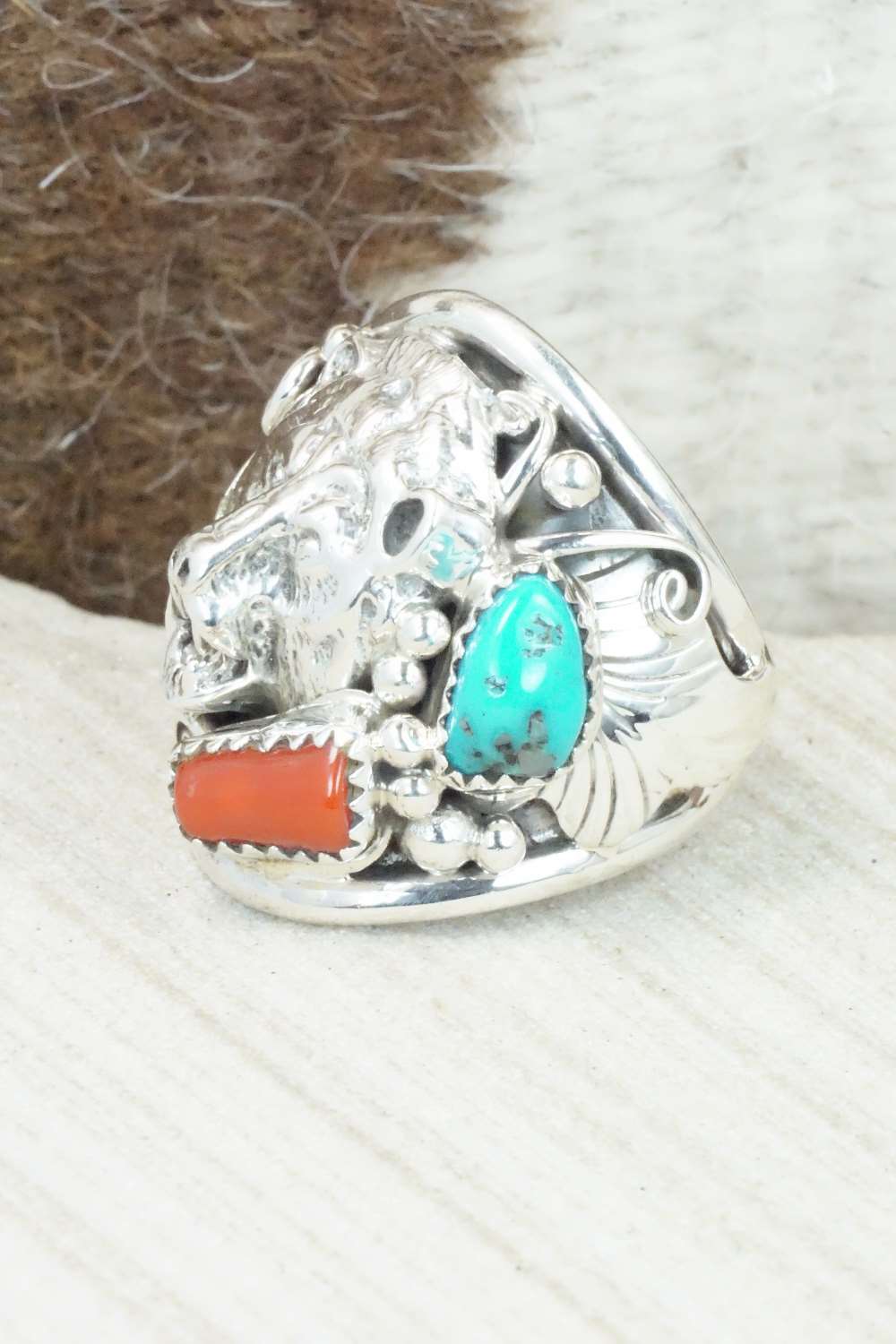 Turquoise, Coral and Sterling Silver Ring - Jeanette Saunders - Size 10