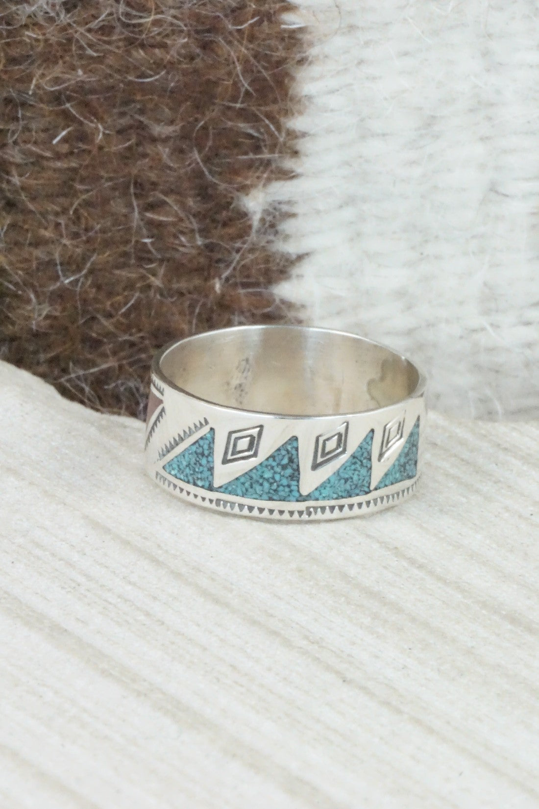 Turquoise & Coral Inlay Sterling Silver Ring - Raymond Begay - Size 12