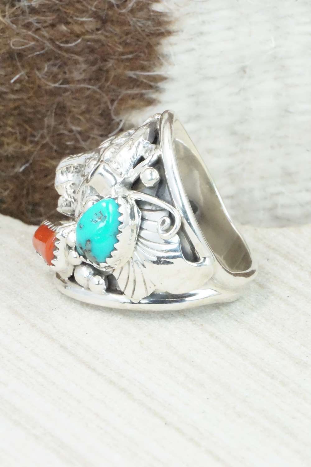 Turquoise, Coral and Sterling Silver Ring - Jeanette Saunders - Size 10