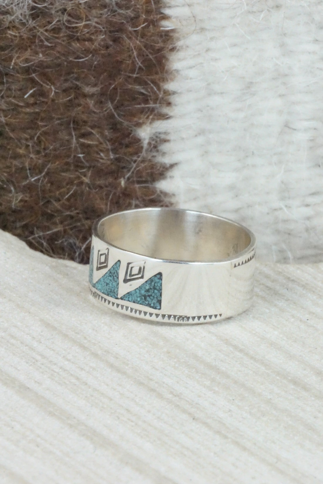 Turquoise & Coral Inlay Sterling Silver Ring - Raymond Begay - Size 12