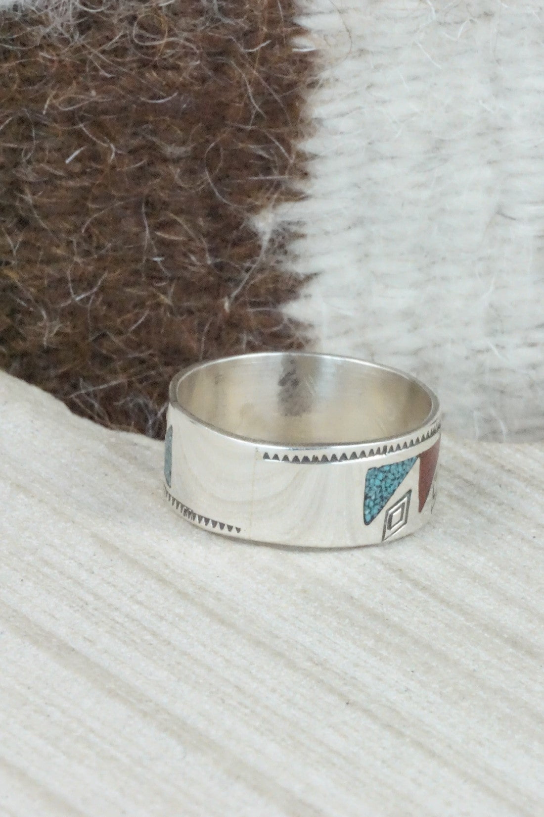 Turquoise & Coral Inlay Sterling Silver Ring - Raymond Begay - Size 12