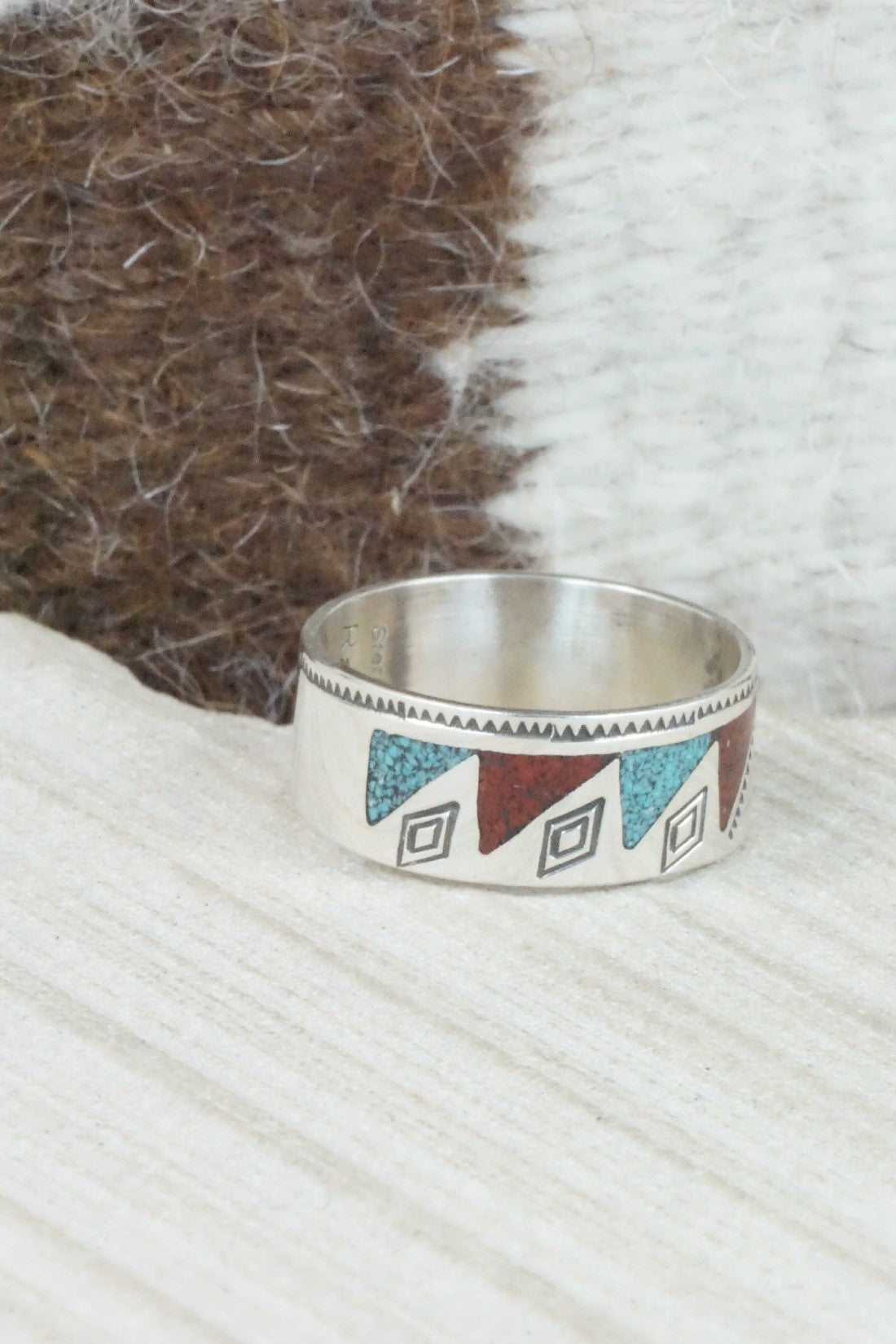 Turquoise & Coral Inlay Sterling Silver Ring - Raymond Begay - Size 12