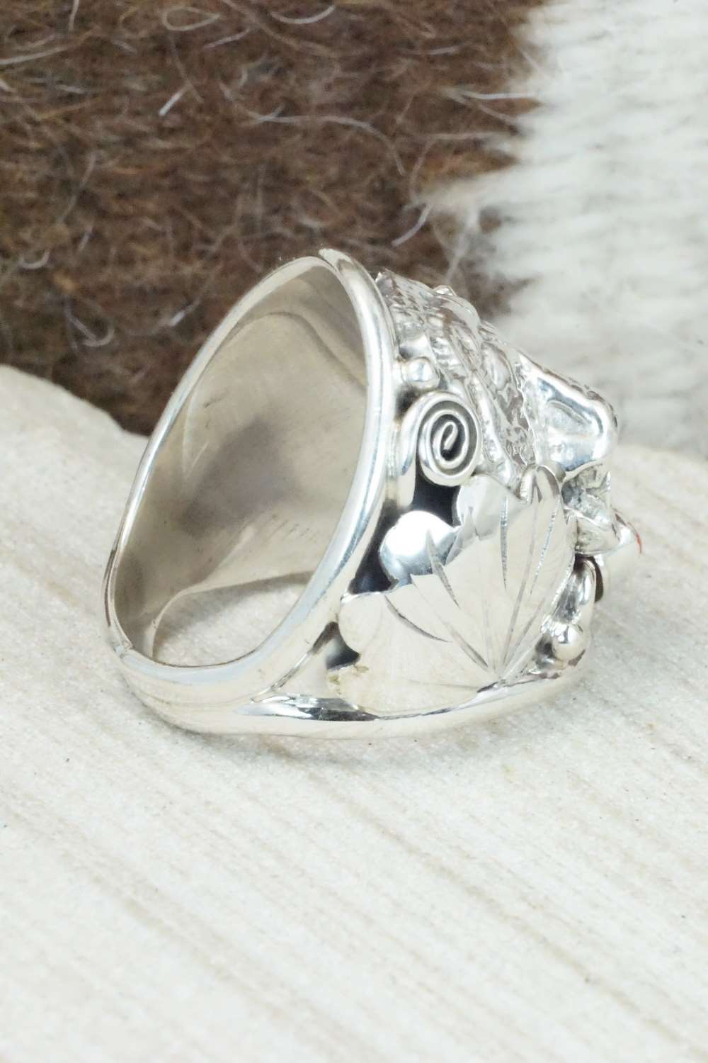 Turquoise, Coral and Sterling Silver Ring - Jeanette Saunders - Size 10