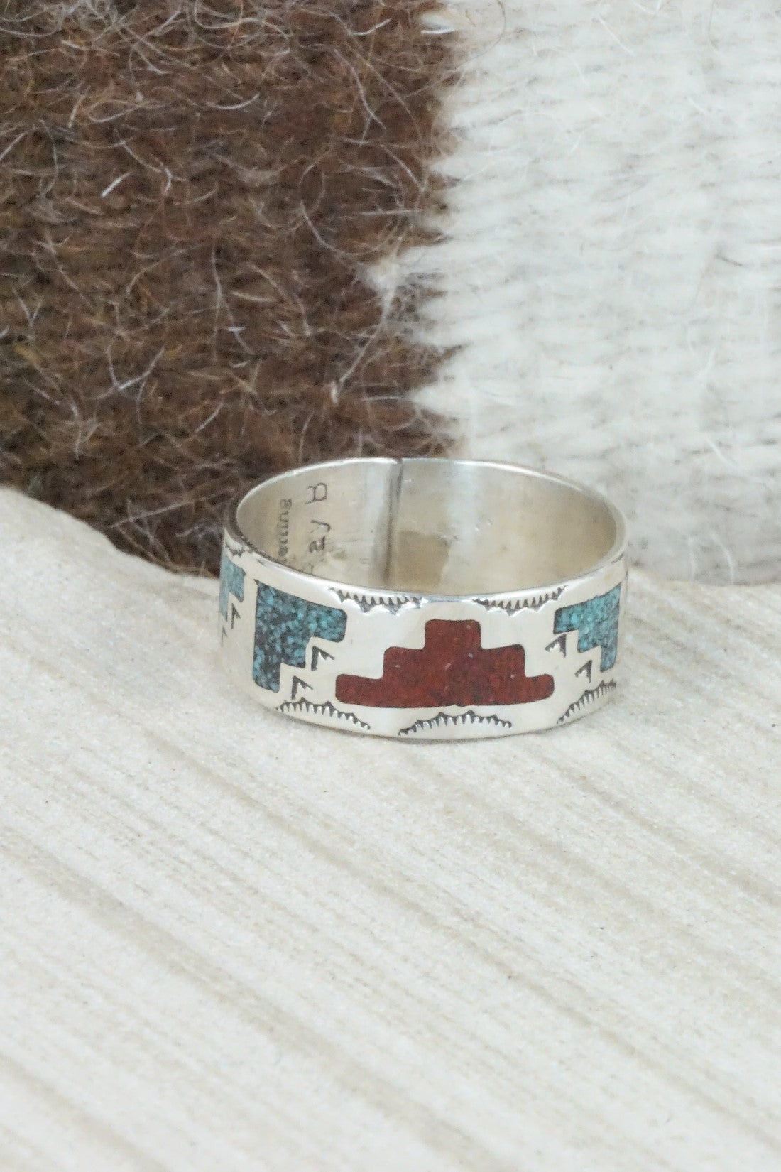 Turquoise & Coral Inlay Sterling Silver Ring - Raymond Begay - Size 13.25