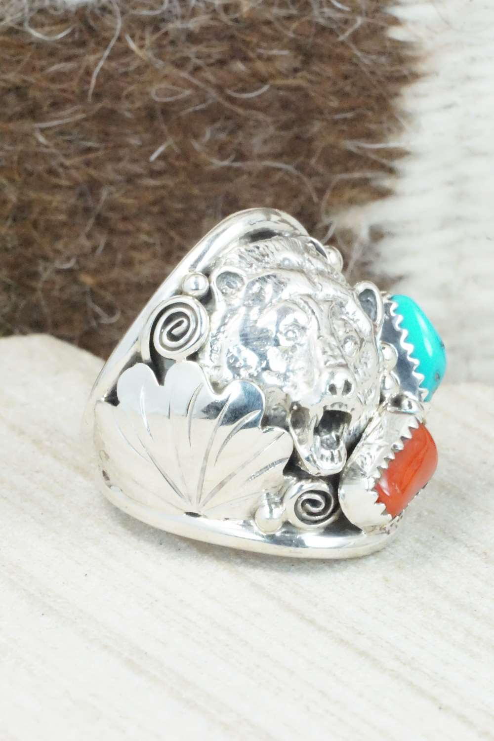 Turquoise, Coral and Sterling Silver Ring - Jeanette Saunders - Size 10