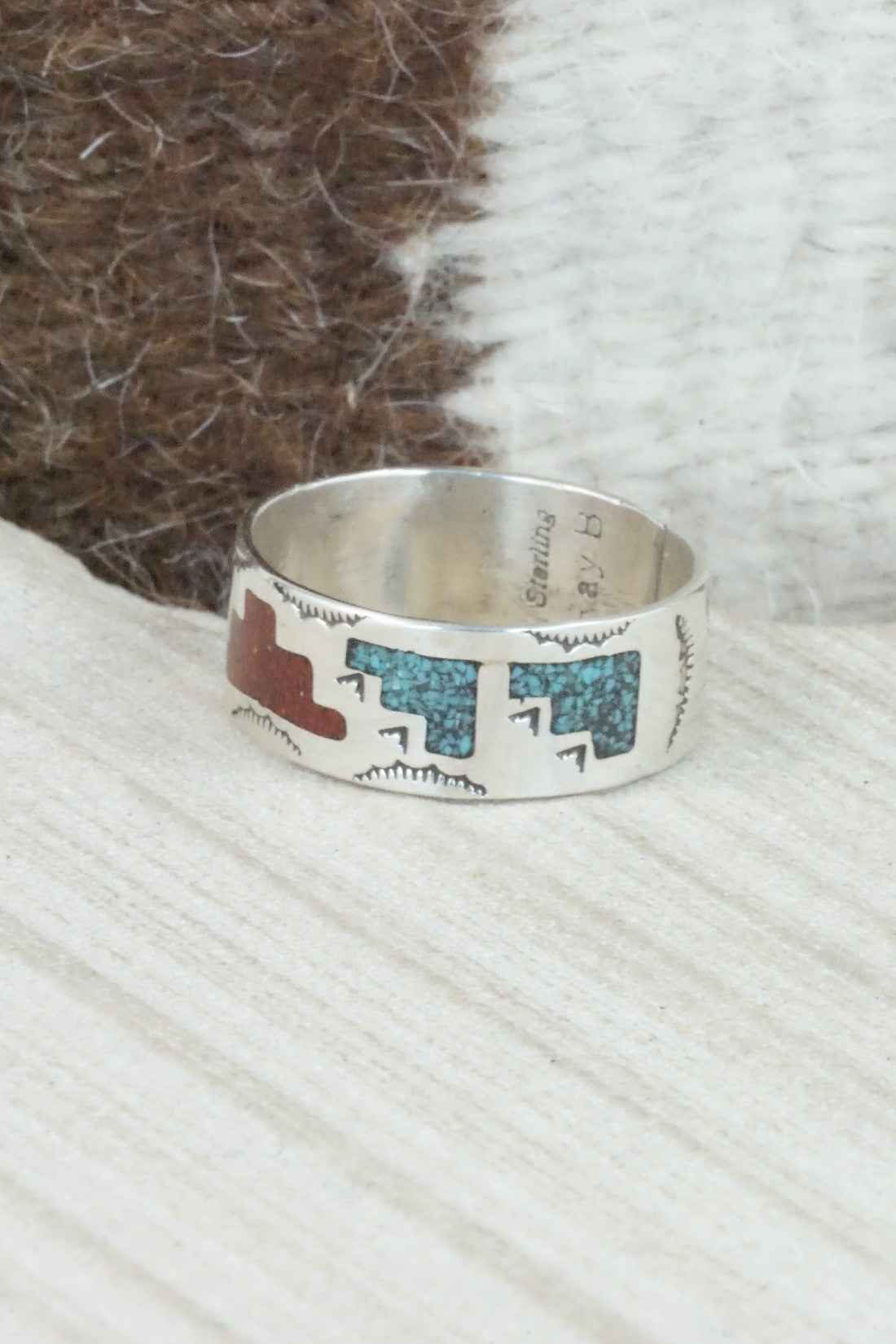 Turquoise & Coral Inlay Sterling Silver Ring - Raymond Begay - Size 13.25