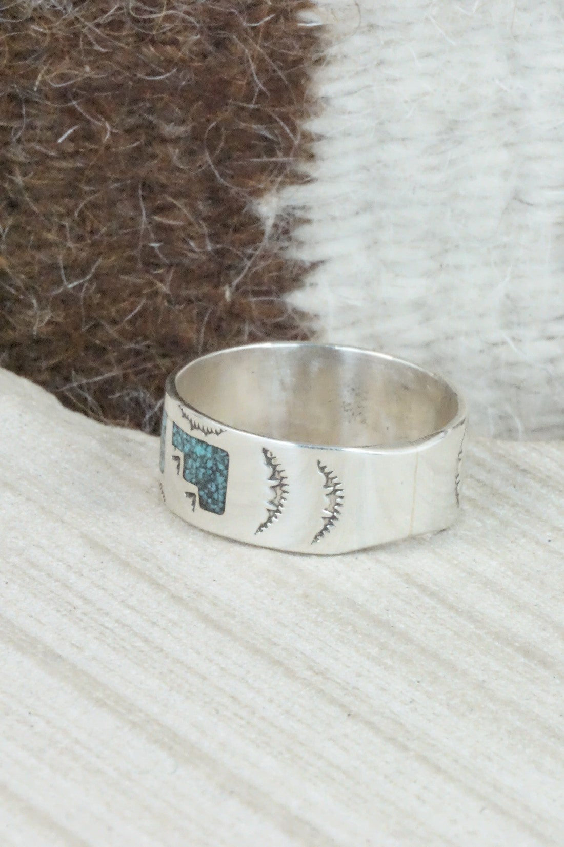 Turquoise & Coral Inlay Sterling Silver Ring - Raymond Begay - Size 13.25