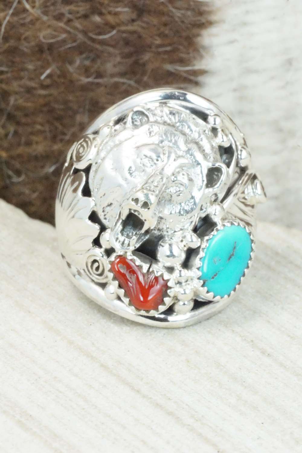 Turquoise, Coral and Sterling Silver Ring - Jeanette Saunders - Size 10.75