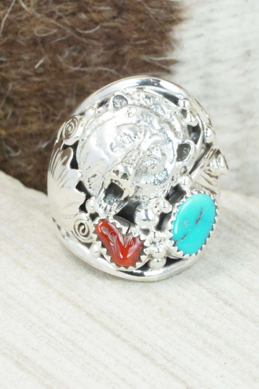 Turquoise, Coral and Sterling Silver Ring - Jeanette Saunders - Size 10.75
