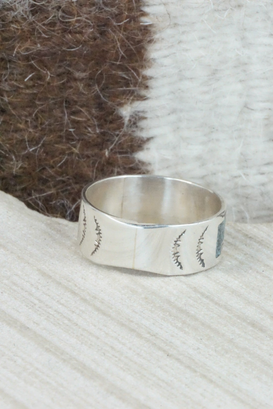 Turquoise & Coral Inlay Sterling Silver Ring - Raymond Begay - Size 13.25