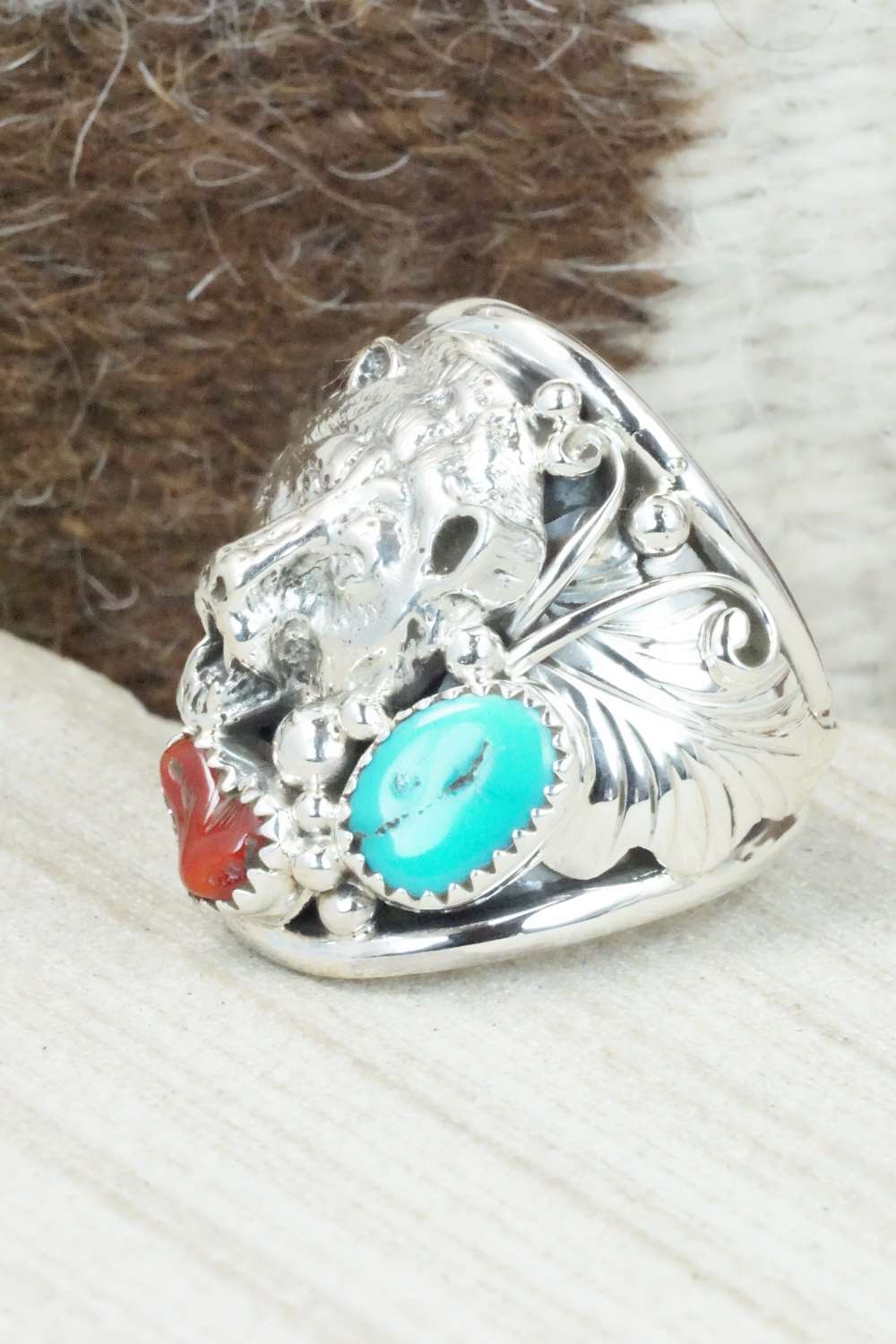 Turquoise, Coral and Sterling Silver Ring - Jeanette Saunders - Size 10.75