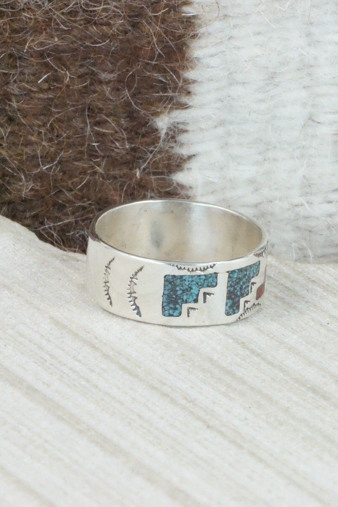 Turquoise & Coral Inlay Sterling Silver Ring - Raymond Begay - Size 13.25