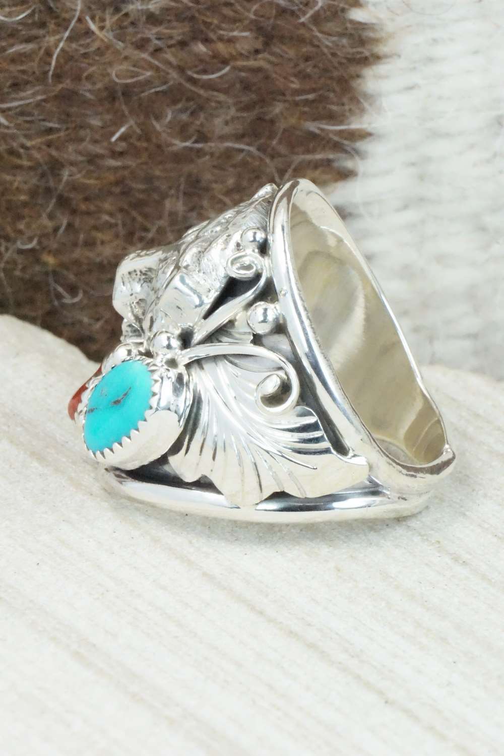 Turquoise, Coral and Sterling Silver Ring - Jeanette Saunders - Size 10.75