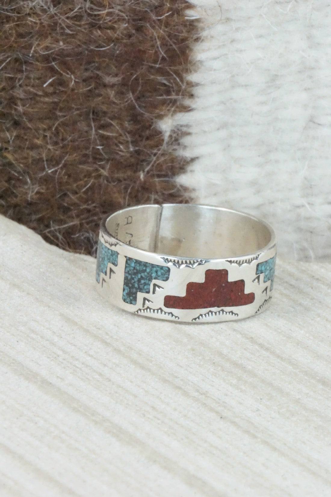 Turquoise & Coral Inlay Sterling Silver Ring - Raymond Begay - Size 13.25