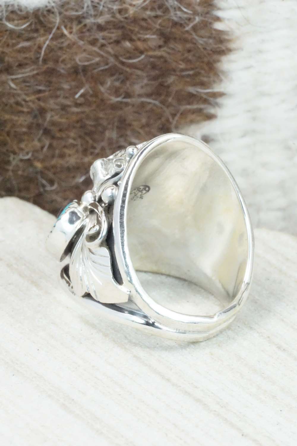 Turquoise, Coral and Sterling Silver Ring - Jeanette Saunders - Size 10.75