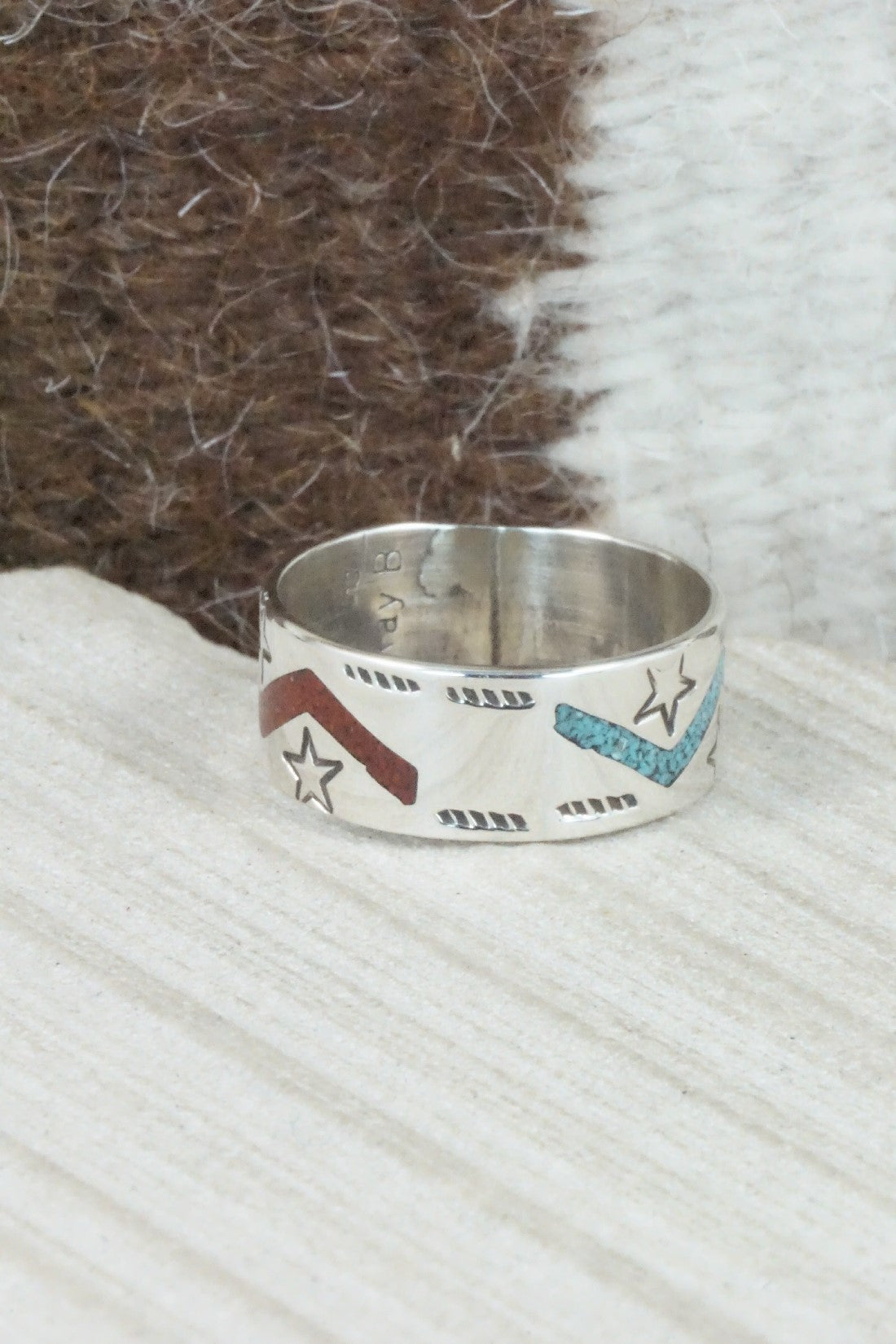 Turquoise & Coral Inlay Sterling Silver Ring - Raymond Begay - Size 12.25