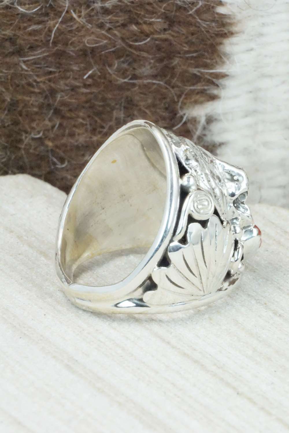 Turquoise, Coral and Sterling Silver Ring - Jeanette Saunders - Size 10.75