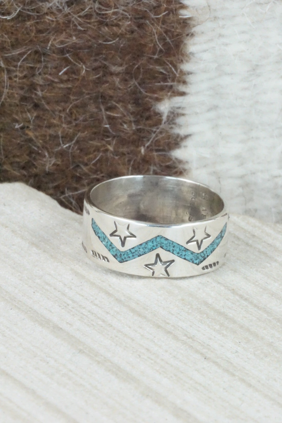 Turquoise & Coral Inlay Sterling Silver Ring - Raymond Begay - Size 12.25