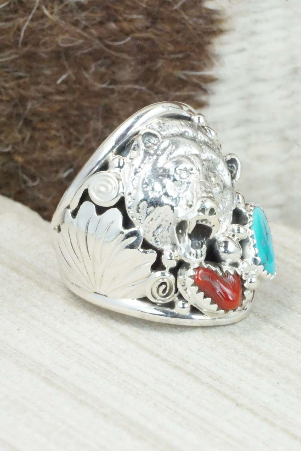 Turquoise, Coral and Sterling Silver Ring - Jeanette Saunders - Size 10.75