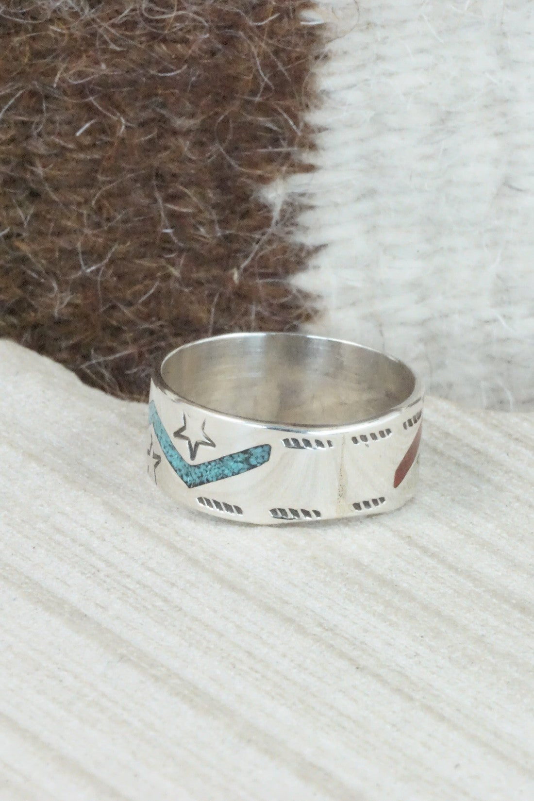 Turquoise & Coral Inlay Sterling Silver Ring - Raymond Begay - Size 12.25