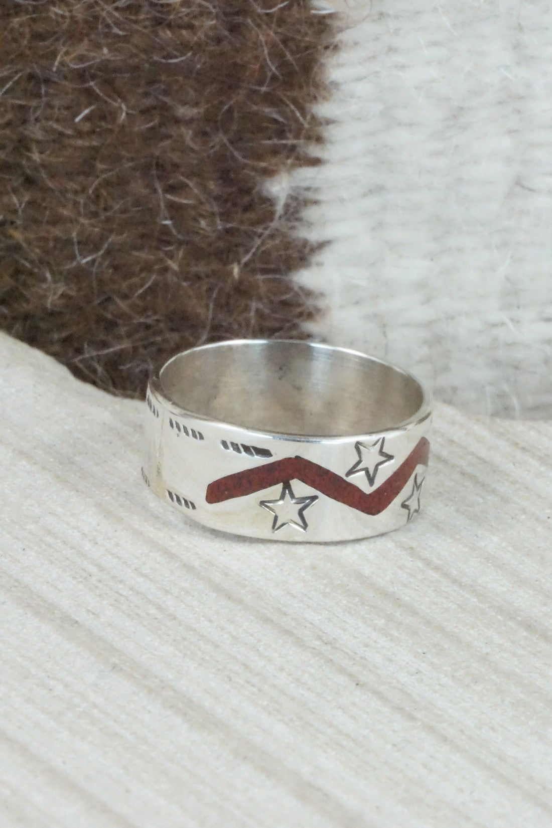 Turquoise & Coral Inlay Sterling Silver Ring - Raymond Begay - Size 12.25