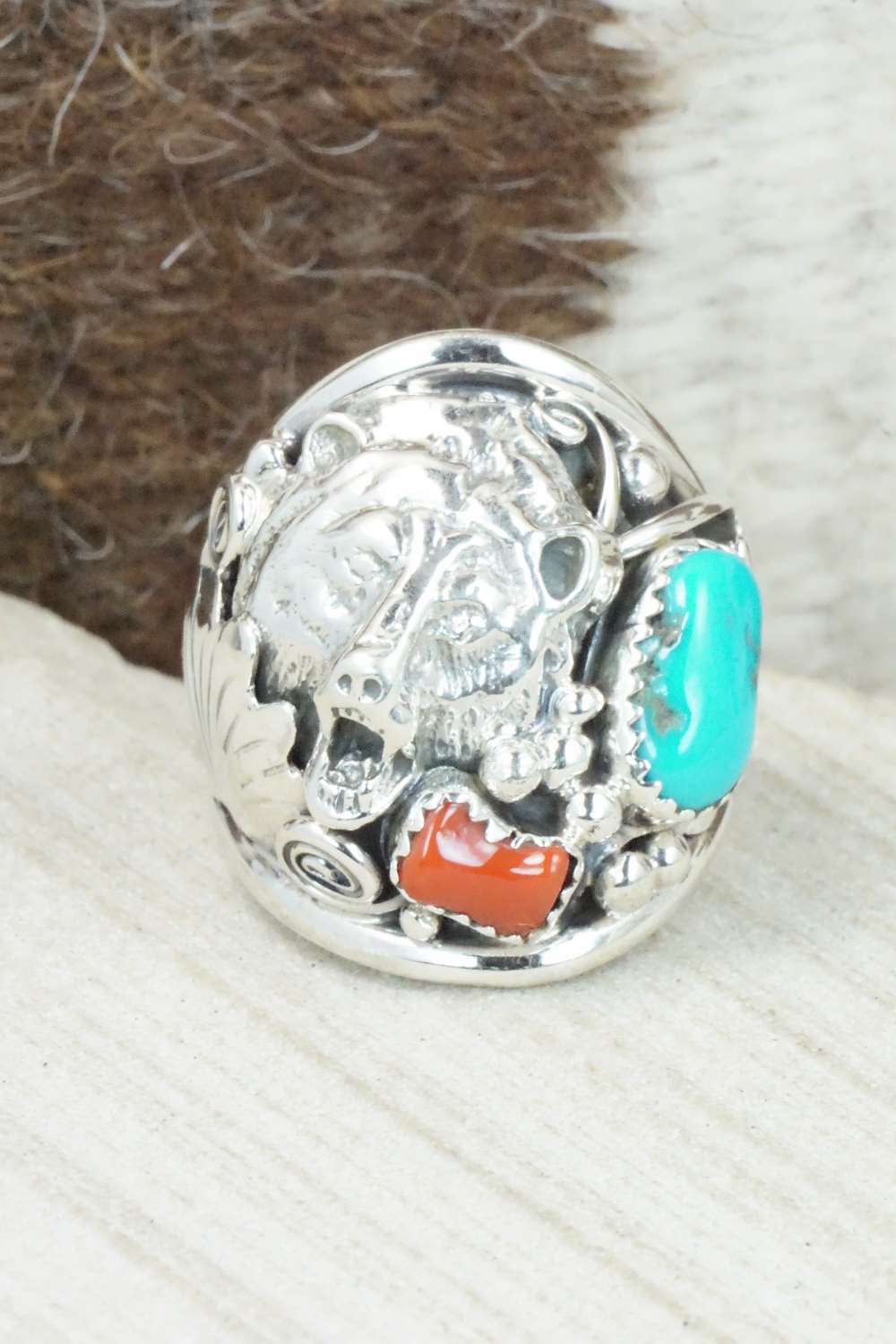 Turquoise, Coral and Sterling Silver Ring - Jeanette Saunders - Size 10.75