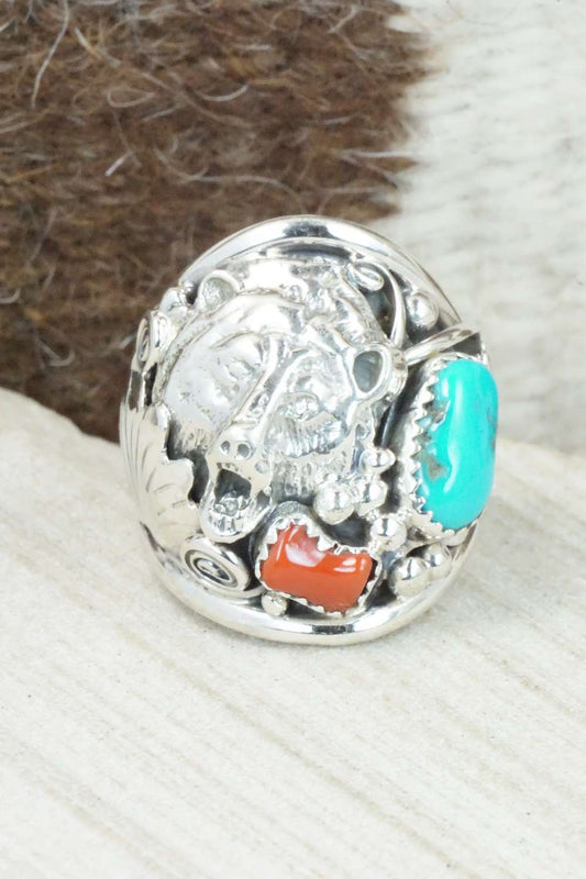 Turquoise, Coral and Sterling Silver Ring - Jeanette Saunders - Size 10.75