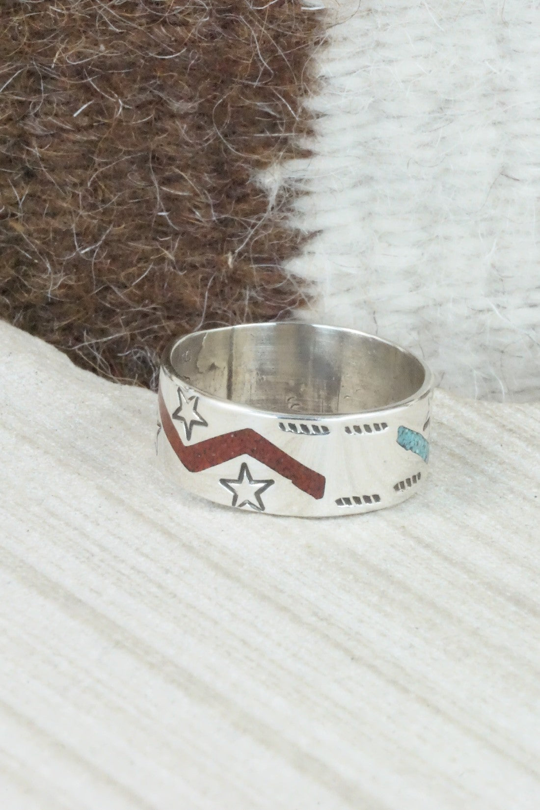 Turquoise & Coral Inlay Sterling Silver Ring - Raymond Begay - Size 12.25