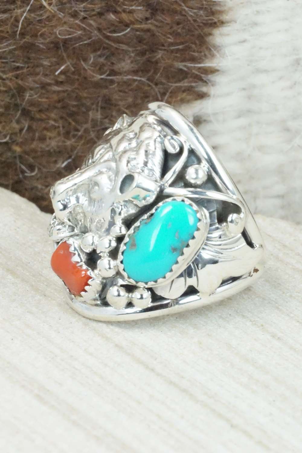 Turquoise, Coral and Sterling Silver Ring - Jeanette Saunders - Size 10.75